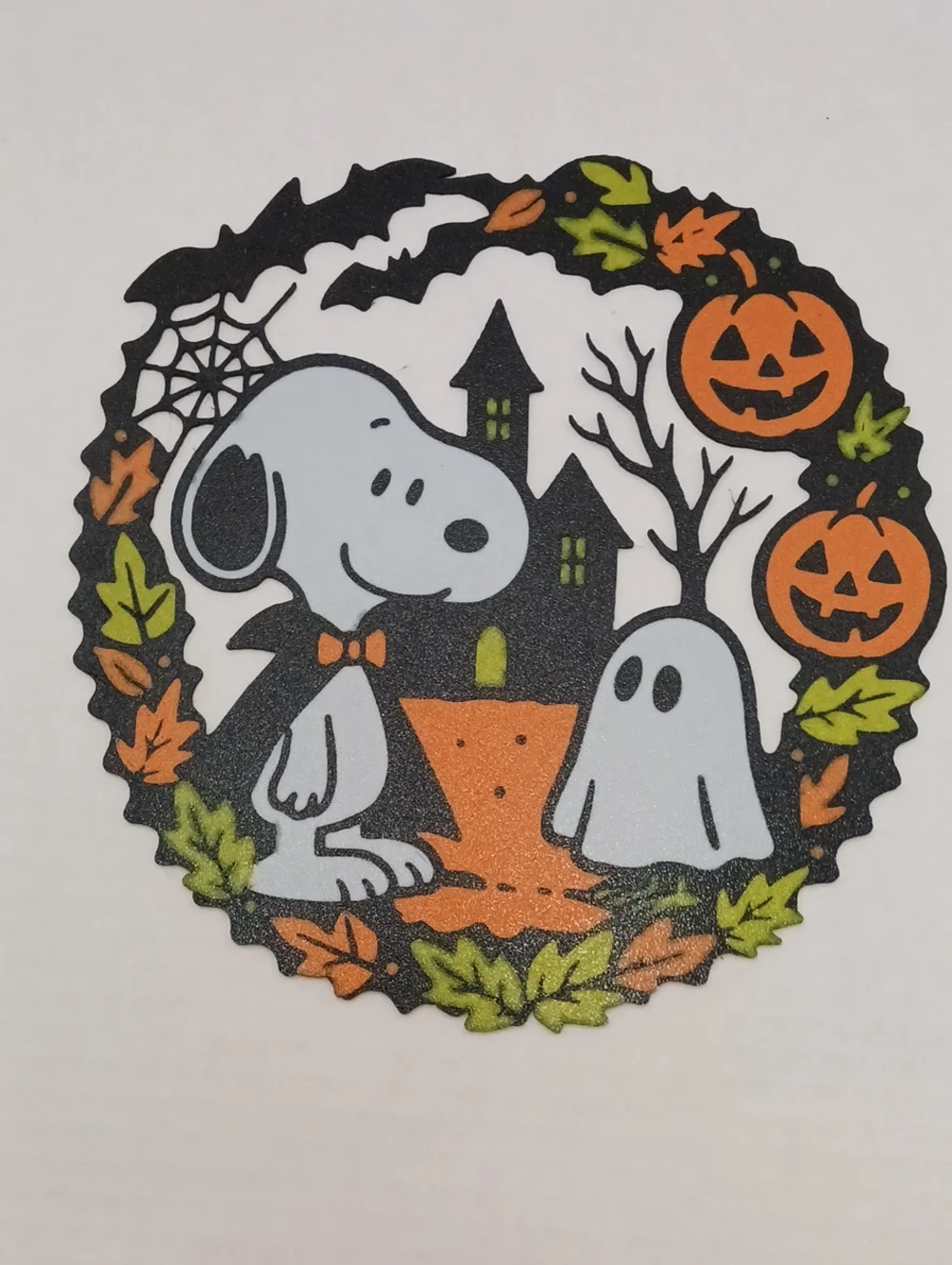 Snoopy Halloween Wreath Sticker - Orange, Black & White